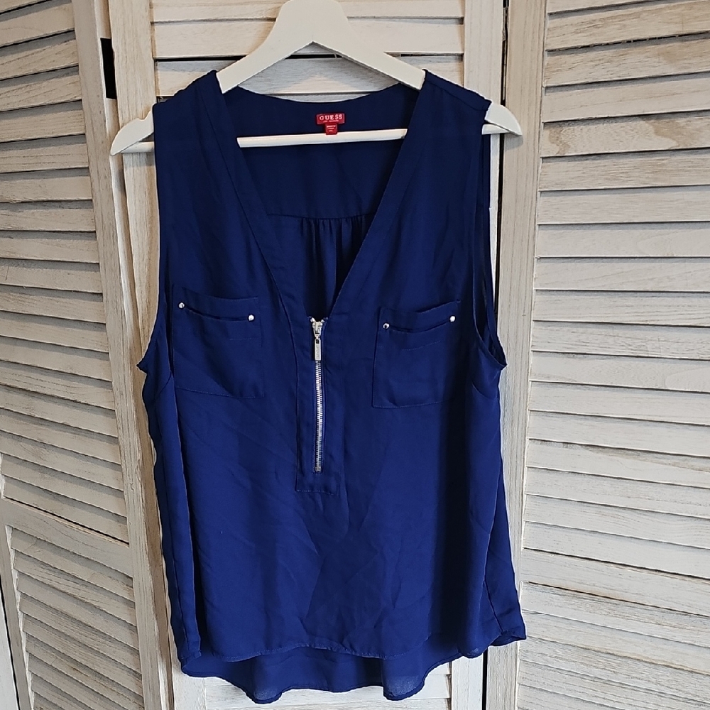 Guess Royal Blue V-Neck Blouse With Silver Zipper and Silver Pocket Studs.